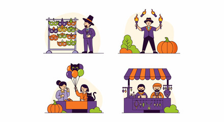 Fototapeta premium A set of fun Halloween market scenes with masks cat fire toy art man