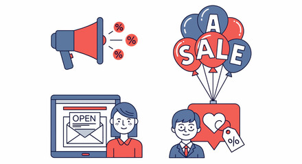 Fototapeta premium Set of ads icon for web sale and shop with mail tag and megaphone fun
