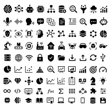 Artificial intelligence and machine learning icon mega set, data science glyph symbols, flat vector elements for deep learning, neural networks, and automation isolated on white background.
