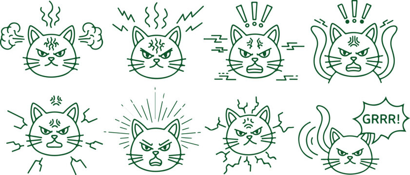 Set of green outline angry cat faces showing different emotions like rage frustration and distress.