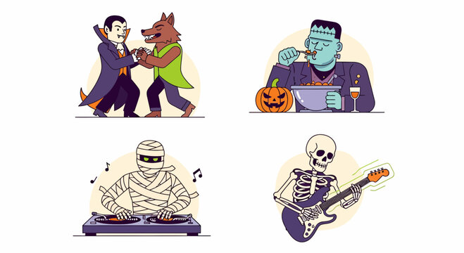 Halloween monster party set featuring dancing vampire werewolf eating frankenstein mummy dj and skeleton guitar player