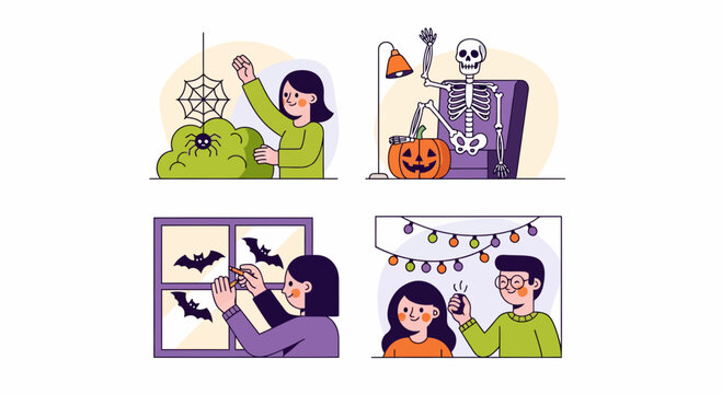 Kids set up a fun Halloween party with a bat and an old white skeleton
