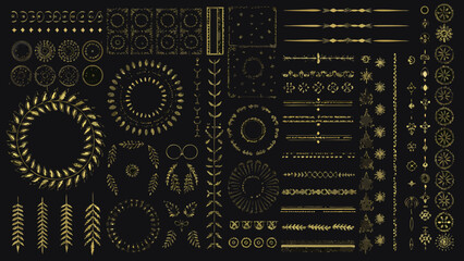 Golden floral ornament and geometric elements collection a detailed vector illustration on a black background arrangement art artistic © PRODIP