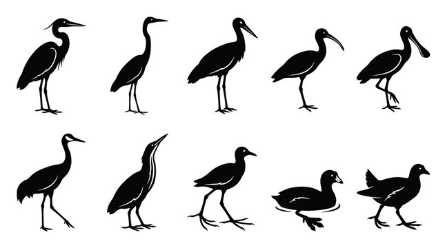 Elegant wetland bird silhouettes featuring long-legged water birds isolated on white background for educational, decorative, and branding projects.