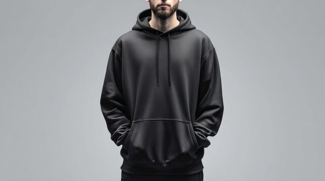 Man wearing a black hooded sweatshirt with hands in pockets against a plain background