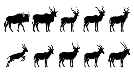 Fototapeta premium Black silhouette collection of African grazing animals with realistic wildlife shapes isolated on white background for educational, branding, and nature-themed design projects.