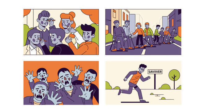 Young people apply scary makeup for a themed parade and walk like zombies on city streets