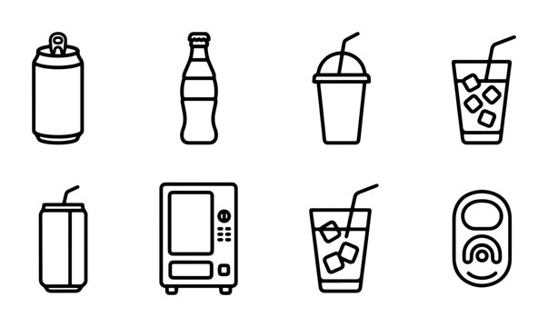Beverage Icons: Soda Cans, Bottles, Vending Machine, Drinks with Ice, and Tab. Clean Line Art Set for Refreshment and Hydration Concepts.