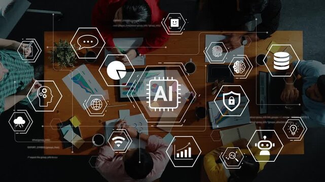 Diverse group collaborating on artificial intelligence project with visual elements of technology and data analysis on the table and digital graphics overlay Gluon.