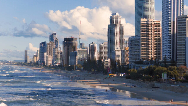 Aerial View of Gold Coast Skyline and Beach Under Warm Sunlight