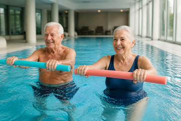 Fototapeta premium Elderly couple enjoying water aerobics in a serene pool. Engaging in fitness activities promotes health and wellness for seniors.