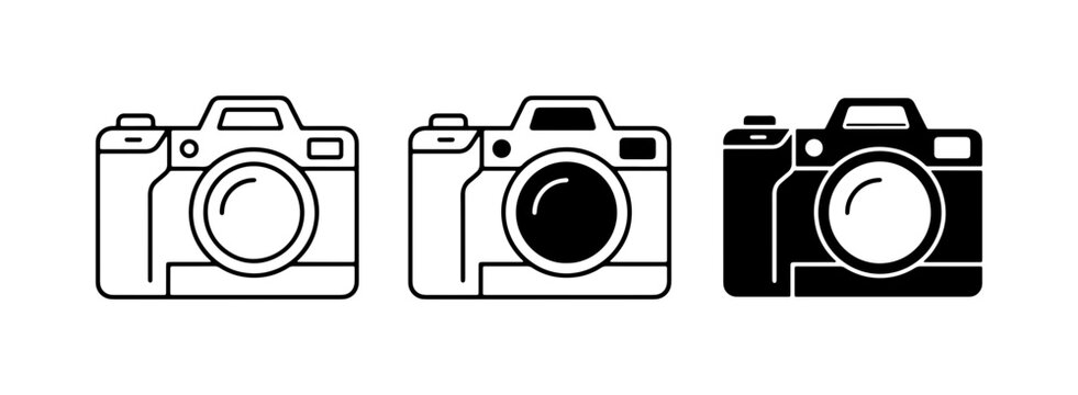 Camera Icons Set: Line Art, Filled Outline, and Silhouette Styles for Photography and Design