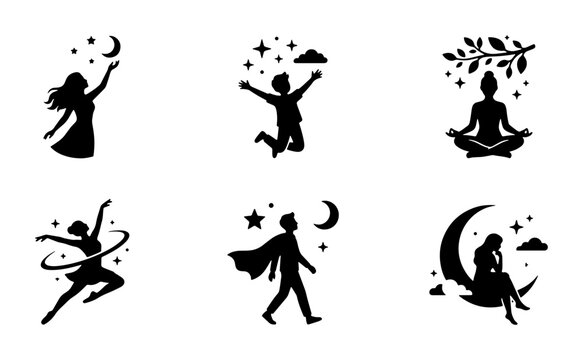 Dreamy Silhouette Icons: Woman Reaching Moon, Boy Jumping Stars, Meditating Figure, Dancer, Hero Walking, Girl on Crescent Moon