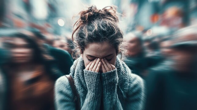Young woman feeling overwhelmed and stressed in a crowded environment