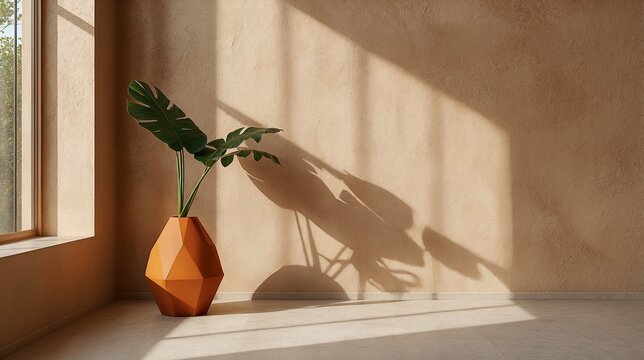 Minimalist terracotta geometric plinth with leaf shadow mockup for product display