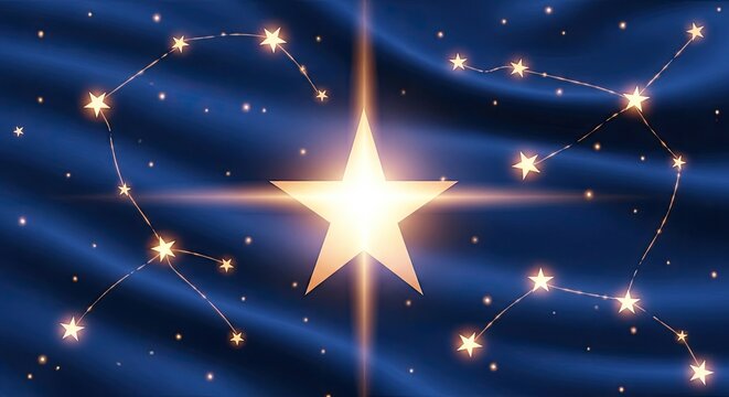 Glowing bright star in deep space surrounded by constellations and twinkling stars radiance