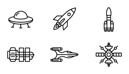 Spacecraft Icons: UFO, Rocket, Spaceship, Satellite, Sci-Fi Vector Set © Tanzila