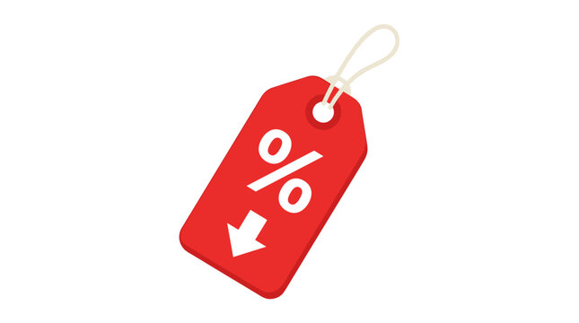 Red sale tag with percentage symbol and down arrow indicating discount and price reduction Vector