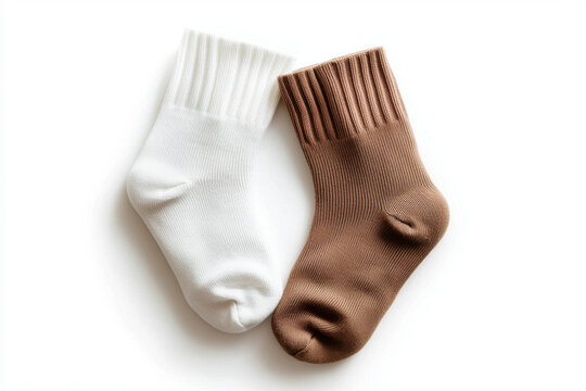 Cotton sock pair neutral tone white sock brown sock ribbed cuff knit fabric casual wear soft textile simple style isolated white background