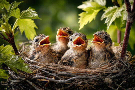 Four chicks sit in a nest with their beaks open, looking up for food. The nest is surrounded by green leaves, showing a bright scene during daytime