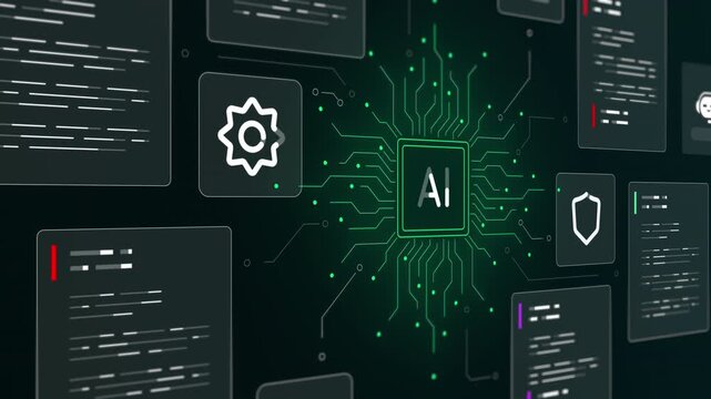 Animated green digital interface showing artificial intelligence circuit data processing for tech concepts.