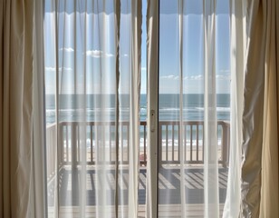 Fototapeta premium Seaside Serenity Through Sheer Curtains