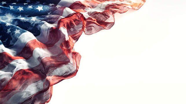 Translucent American flag is shown with text space alongside a white background. This setup is ideal for advertisements and promotional material