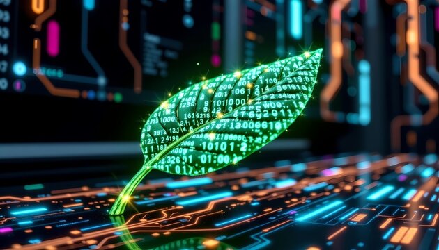 Futuristic Digital Leaf with Binary Data Flow