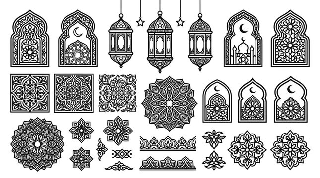 Islamic geometric patterns and lanterns.