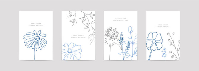 植物のベクターイラストポストカード。夏のハーブイラストセット。線画の植物。Vector illustration postcards of plants. Summer herb illustration set. Line art of plants. © necomammma