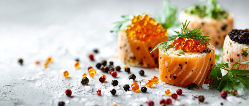 Three assorted appetizers sit on a white surface, garnished with herbs and spices. A catering banner is available for text, showcasing a clean and bright style