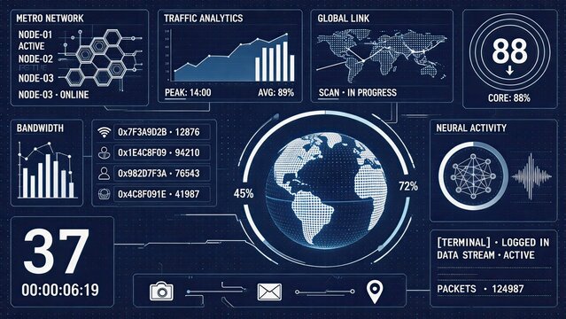Futuristic network data dashboard displaying global link traffic analytics bandwidth metrics and neural activity on blue high-tech digital interface screen