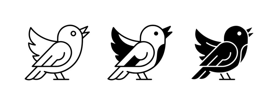 Chirping Bird Icons, Outline and Silhouette, Vector Graphics for Social Media and Nature Themes