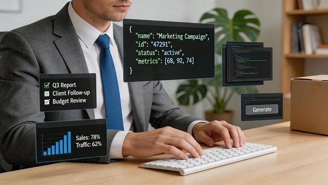 Programmer coding with floating dashboard screens, marketing campaign analytics, sales performance tracking, web development workflow, software engineering, data visualization,