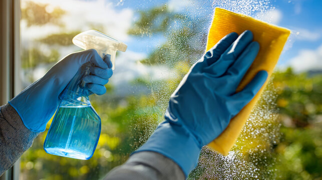 A man in blue gloves cleans a window with a spray bottle and a cloth while bright sunlight shines through greenery outside. Streaks form as he wipes