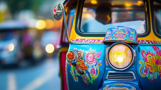 Close up of a colorful and decorated traditional Thai Tuk Tuk taxi on a busy street in Bangkok at night with glowing headlights and vibrant hand painted patterns