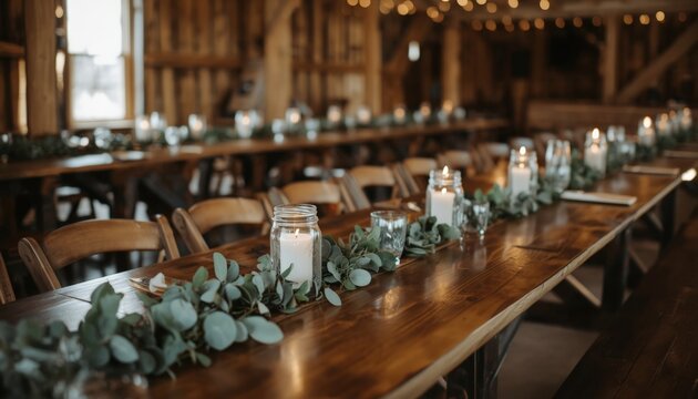 There is a long wooden table with candles and greenery on it