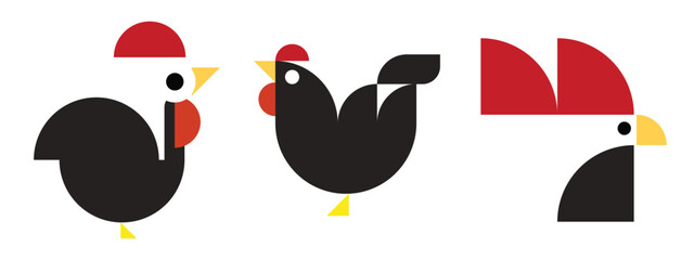 Creative geometric poultry illustration set featuring stylized chicken, rooster, and hen characters built from simple shapes and bold colors. This modern flat vector design combines minimalist geometr © sofian