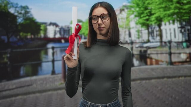 Young hispanic woman holds diploma scroll with red ribbon and glasses, standing on a cobbled street beside a canal bridge and railing; achievement pride.