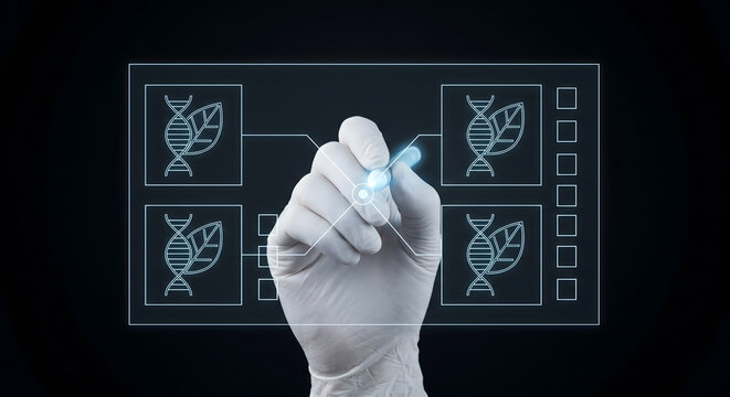 Person wearing medical gloves using digital pen on interactive dna genetic analysis scientific research screen.