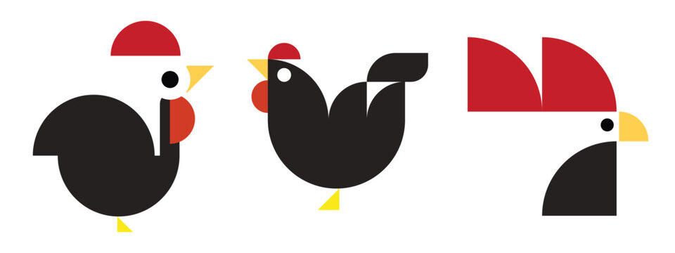 Creative geometric poultry illustration set featuring stylized chicken, rooster, and hen characters built from simple shapes and bold colors. This modern flat vector design combines minimalist geometr