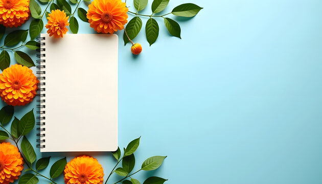 Orange marigold flowers and blank notebook on blue background  