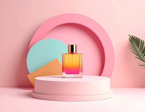 Perfume bottle on pink podium display.