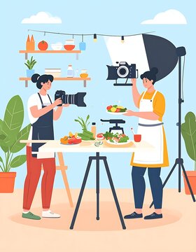Photographer and model in food studio.