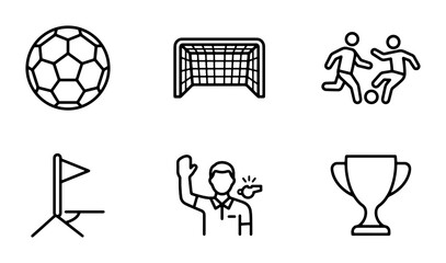 Soccer Icons Set: Football Ball, Goal, Players, Referee, Trophy, Corner Flag Vector Graphics © Masud