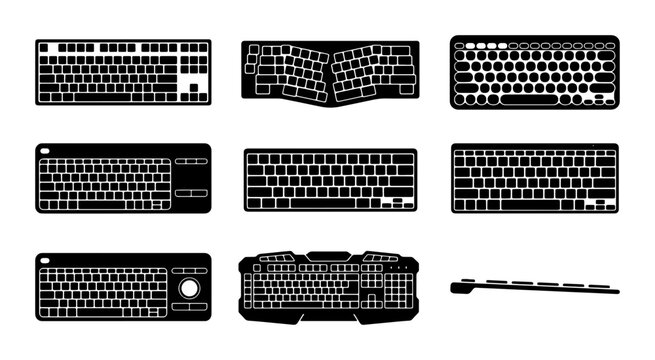 Diverse Keyboard Collection, Computer Input Devices, Ergonomic and Standard Layouts, Vector Icons