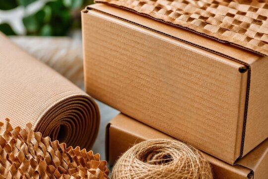 Cardboard boxes and eco-friendly packaging materials including honeycomb paper wrap, corrugated roll, and natural twine in a close-up view for sustainable shipping concepts.