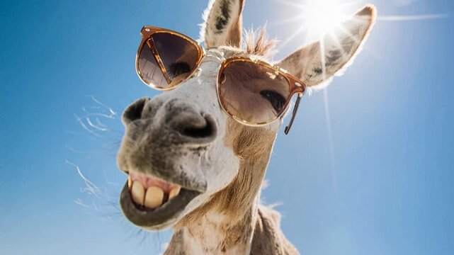Funny donkey wearing sunglasses on a sunny day with a bright blue sky