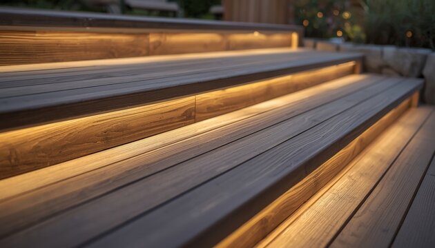There is a close up view of some wooden steps with lights on them