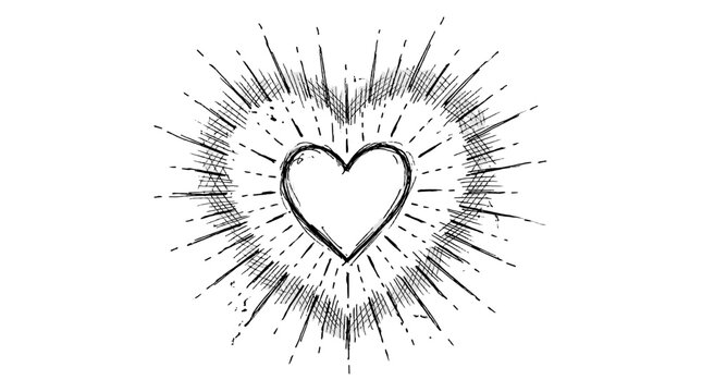 Hand drawn heart with radiating burst sketch illustration